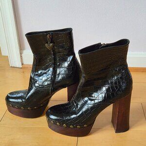 Zara Black Embossed Leather Platform Boots Sz 41